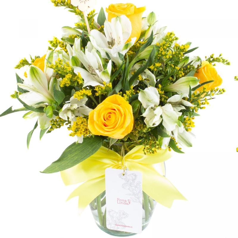 Ágata Amarillo y Blanco en florero - rosas, astromelias - Imagen 1