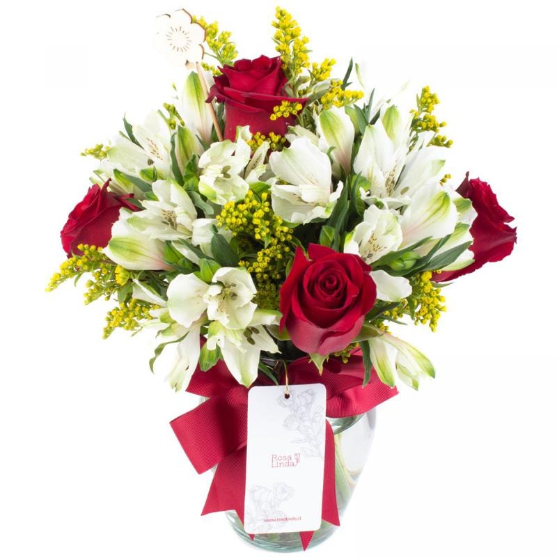 Ágata Rojo y Blanco en florero - rosas y astromelias - Imagen 1