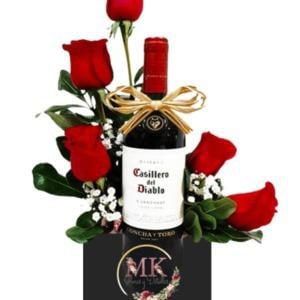 Box Cuadrado de 5 Rosas y Vino 750cc - Imagen 1