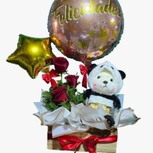 Base de 3 Rosas, Peluche de 20cm, 3 Bombones y Globos - Imagen 1