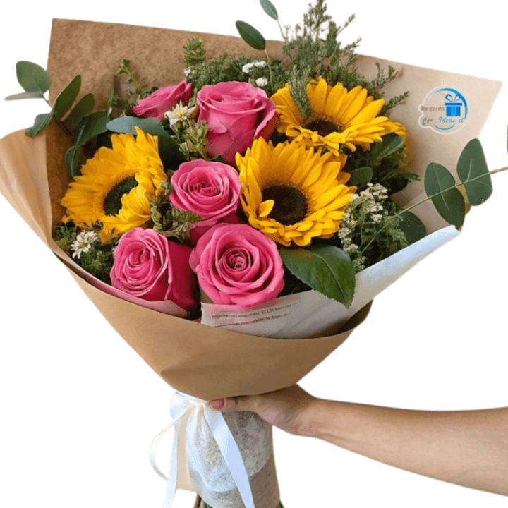 RAMO DE ROSAS ROSADAS Y GIRASOLES - Imagen 1