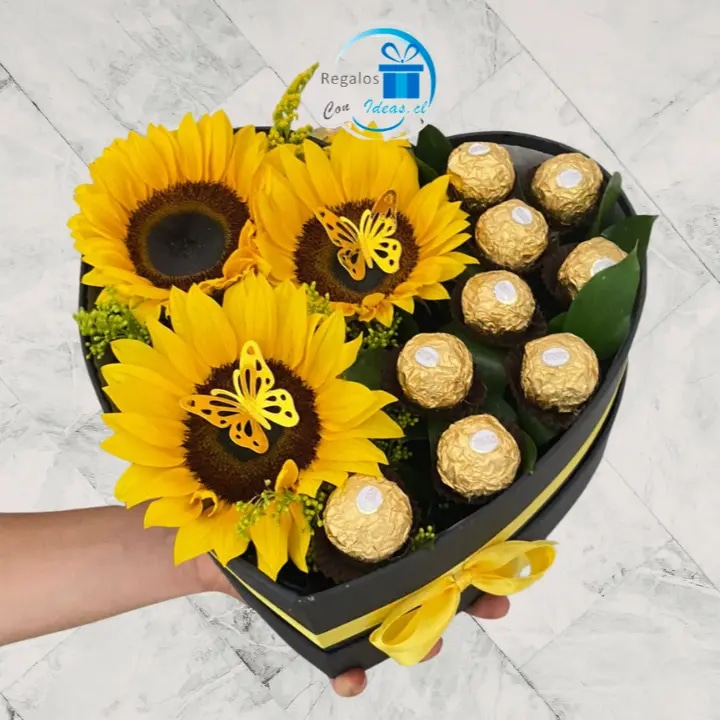 CAJA CORAZON DE GIRASOLES Y CHOCOLATES