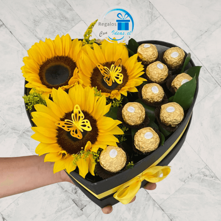 CAJA CORAZON DE GIRASOLES Y CHOCOLATES - Imagen 1