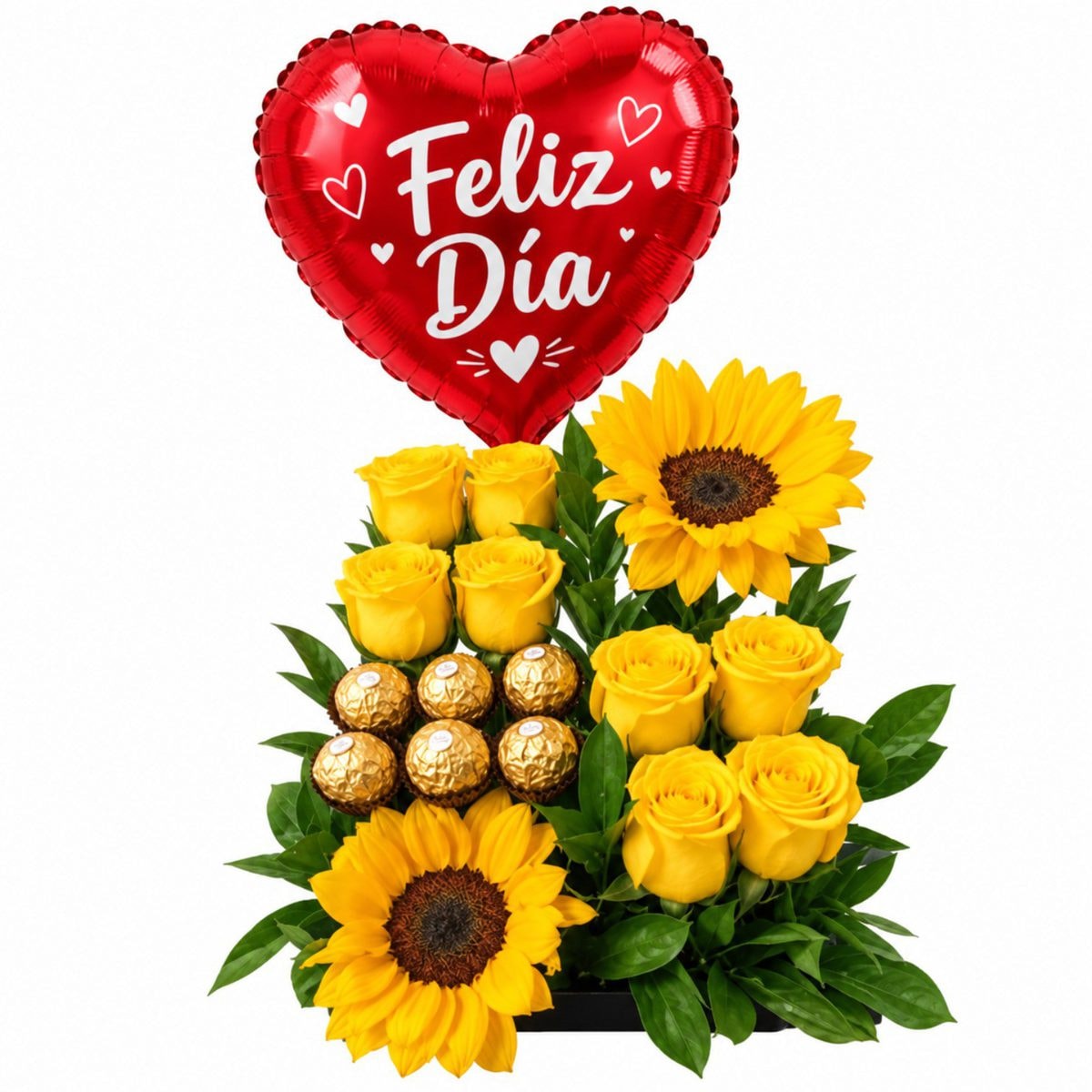 MIX DE ROSAS, GISRASOLES, CHOCOLATES Y GLOBO - Imagen 1