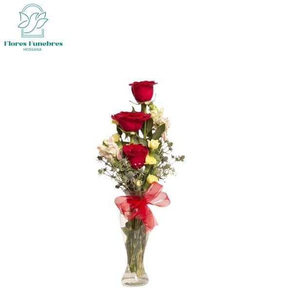 Florero de vidrio 3 rosas en fila con lindo follaje - Imagen 1