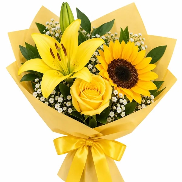 Ramo 1 rosa1 girasol 1 lilium flores amarillas