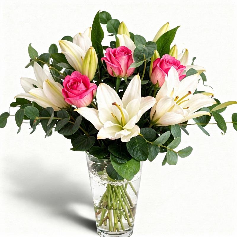 Florero de vidrio de 5 rosas rosadas 5 lilium blancos - Imagen 1