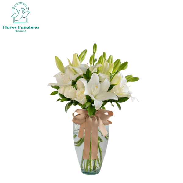 Florero grande de vidrio 10 rosas blancas 10 lilium - Imagen 1