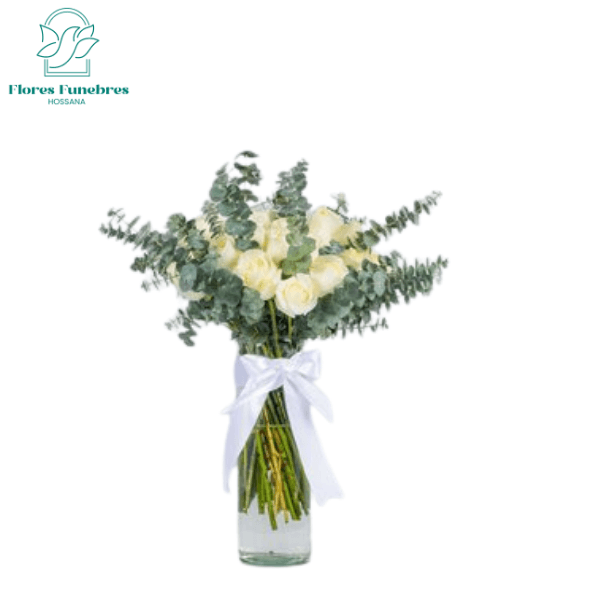 Cilindro de vidrio 15 rosas blancas con eucalipto - Imagen 1