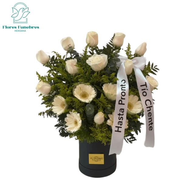 Box condolencias 10 rosas 6 gerberas y cinta personalizada - Imagen 1