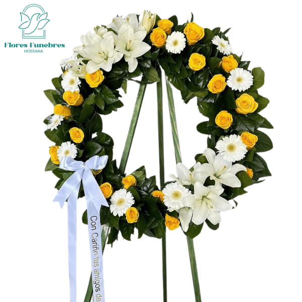 Corona 60cm 20 rosas 6 lilium 10 gerberas cinta y atril - Imagen 1