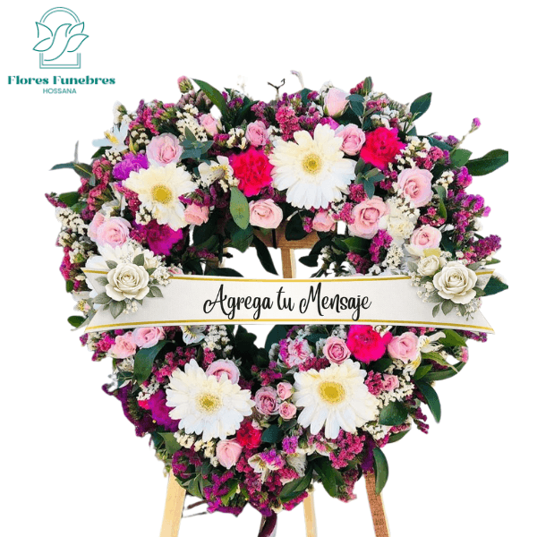 Corona 50 cm 10 rosas 10 gerberas follaje de temporada atril - Imagen 1