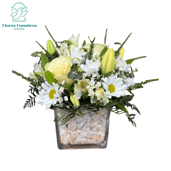 Cubo de condolencia 2 rosas 1 lilium y follaje - Imagen 1