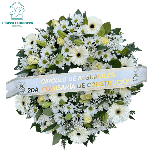 Corona 60cm 12 rosas 10 gerberas 8 lilium follaje cinta - Imagen 1