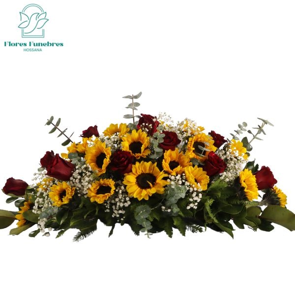 Cojin funebre 10 rosas 15 girasoles y follaje - Imagen 1