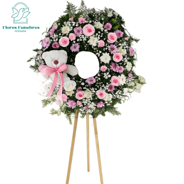 Corona 50 cm con 8 rosas jabon peluche 25 cm y atril - Imagen 1