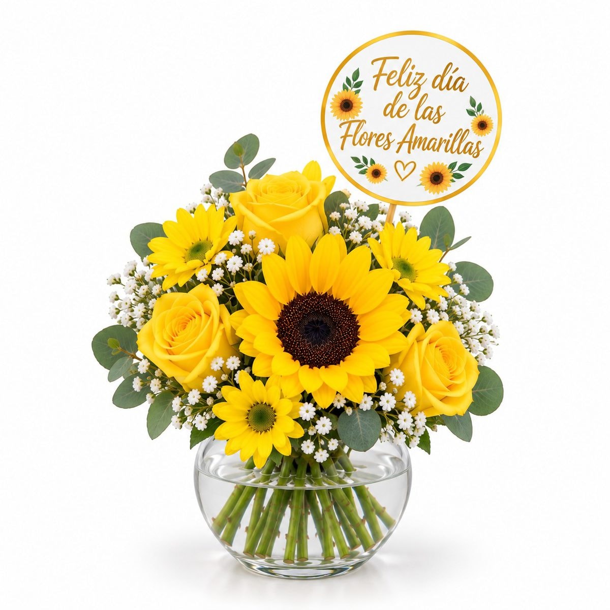 Pecera 3 rosas 1 girasol follaje y topper - Imagen 1