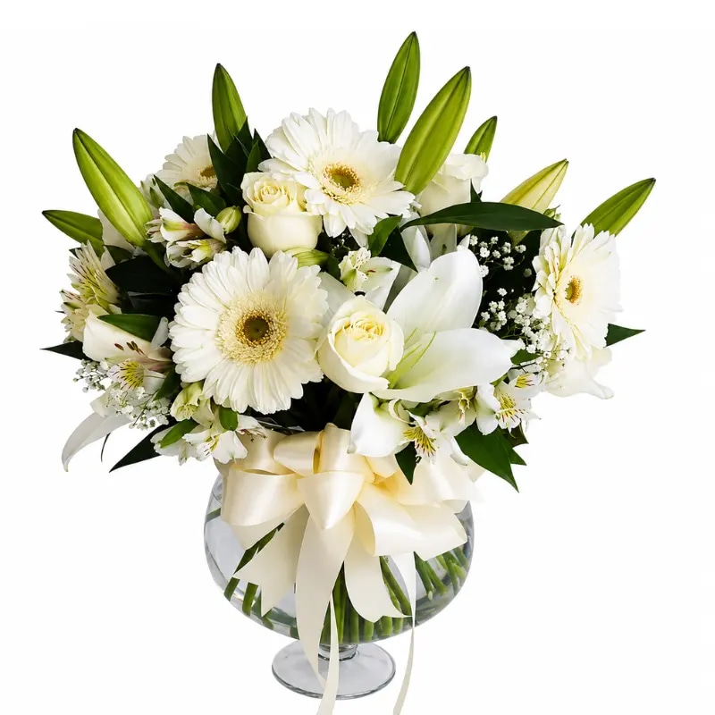 Copa de vidrio 4 rosas 4 gerberas 4 lilum