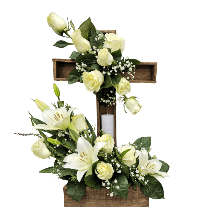Base cruz 12 rosas 2 lilium y velon - Imagen 1
