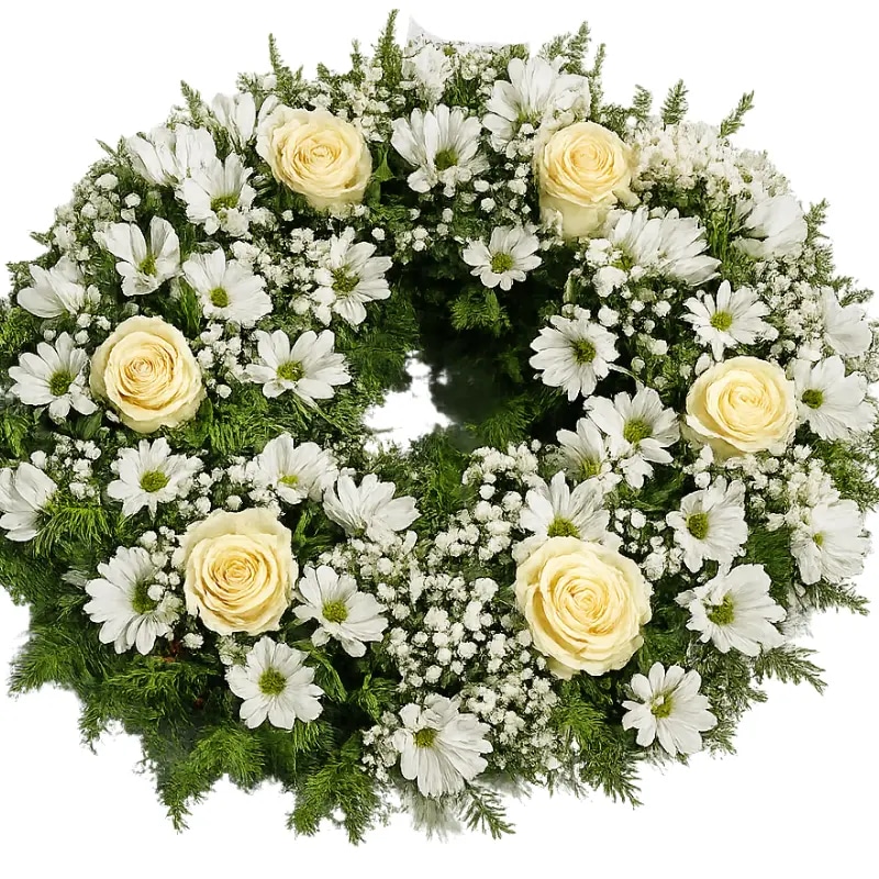 Corona Fúnebre con 6 Rosas naturales y Follaje
