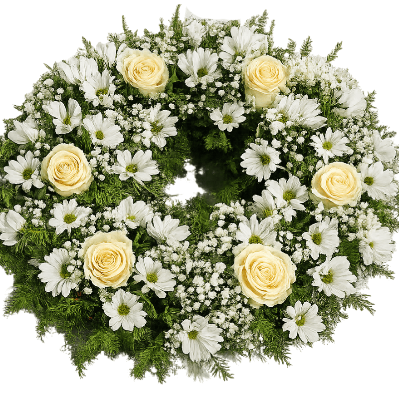 Corona Fúnebre con 6 Rosas naturales y Follaje - Imagen 1