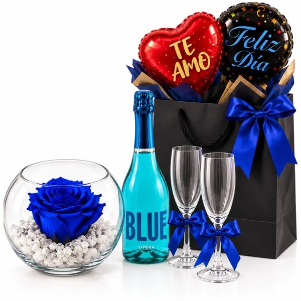 Pecera con rosa eterna azul champagne 750ml 2 copas 2 globos