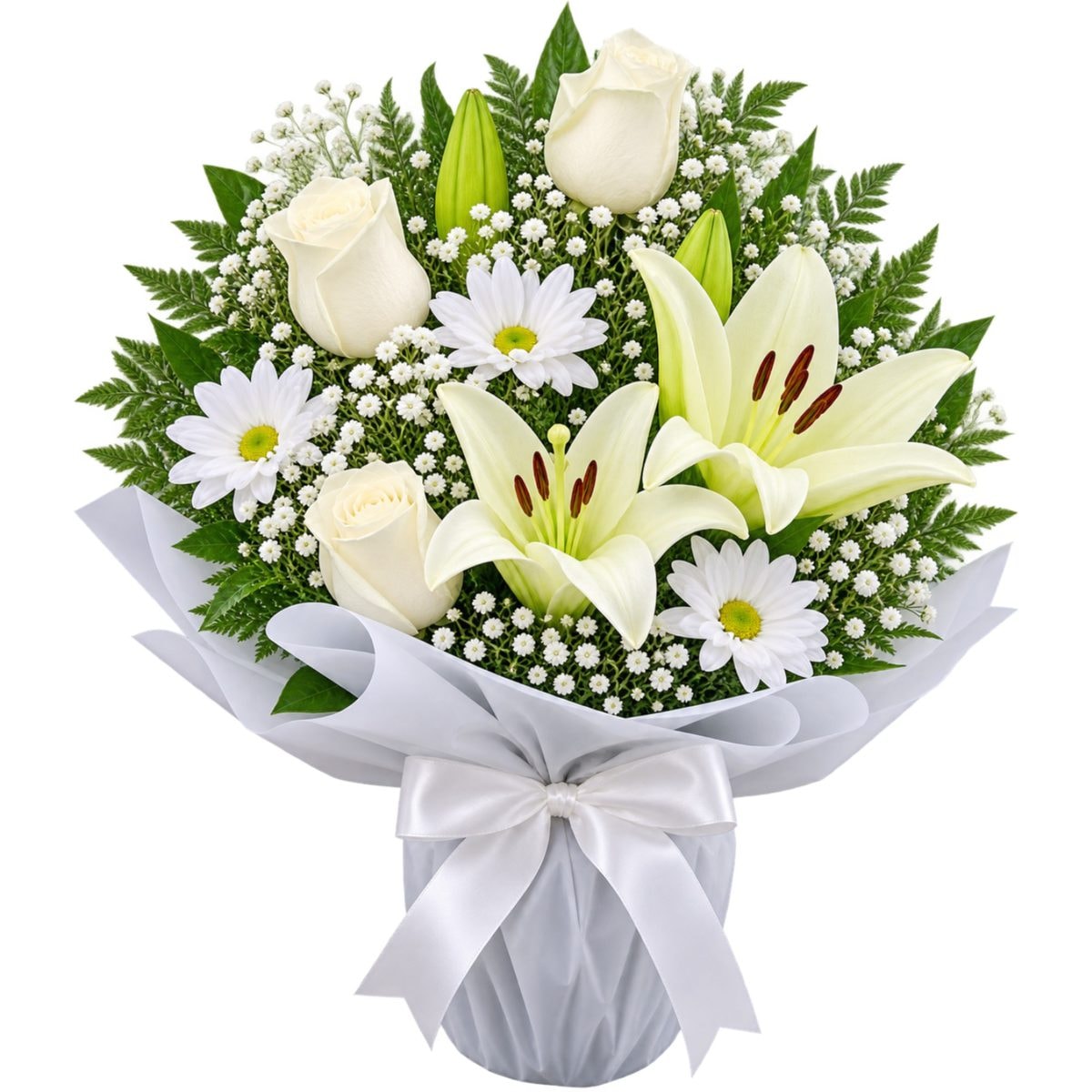 Imagen referencial generada con IA de Condolencias de 3 rosas, 2 lilium y base envuelta