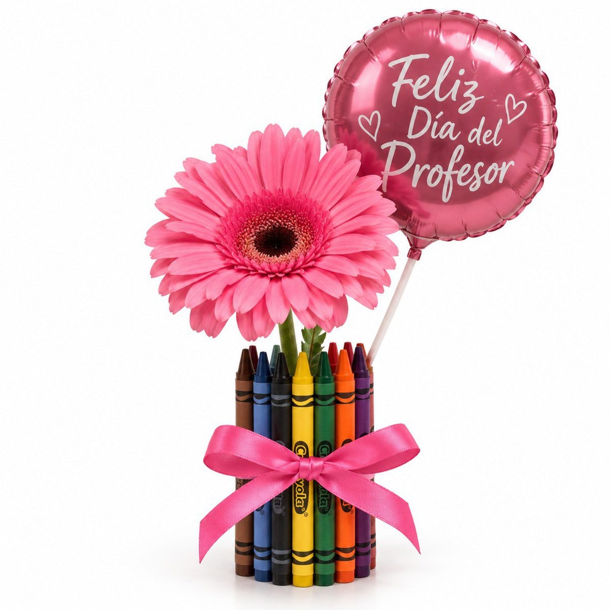 Detalle con creyones gerbera y globo dia del profesor - Imagen 1