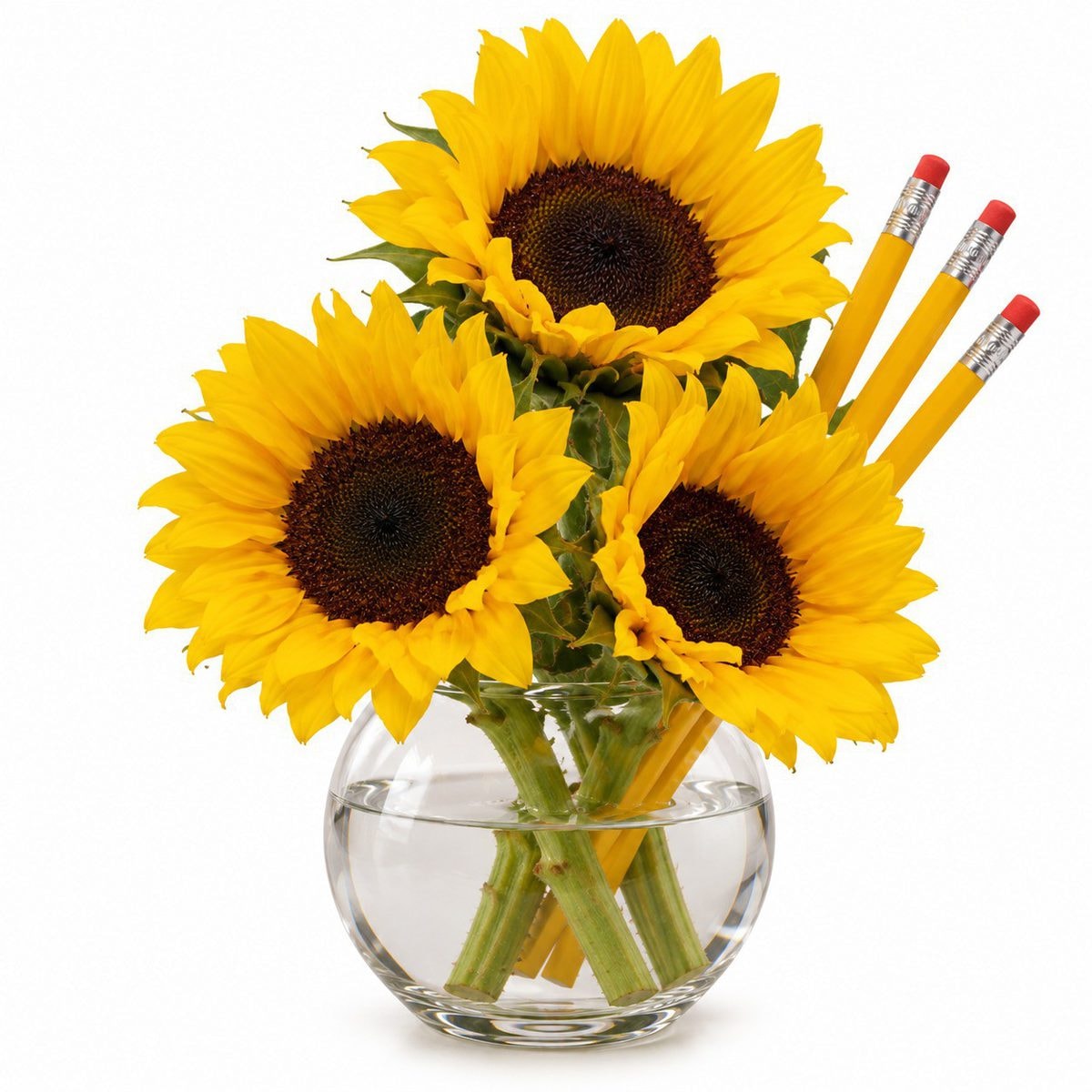 Imagen referencial generada con IA de Pecera con 3 girasoles y 3 lapices