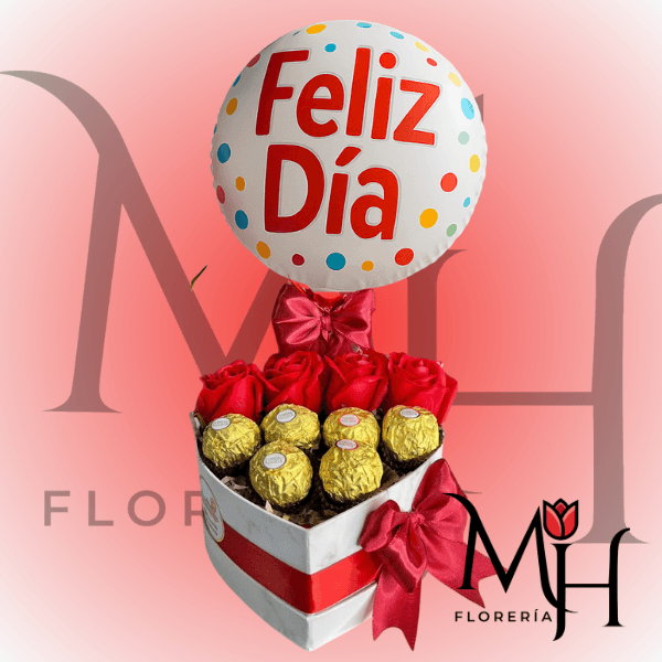 Caja Corazon 6 Rosas Jabon 6 Bombones y Globo - Imagen 1