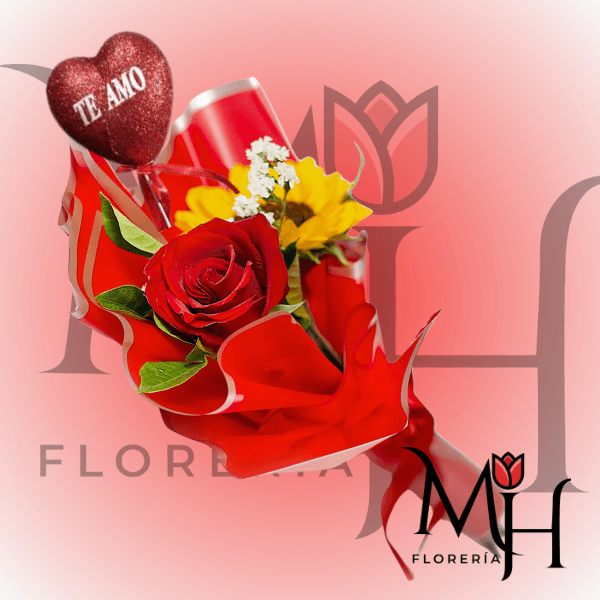 Ramo amor 1 rosa, 1 girasol y topper te amo - Imagen 1