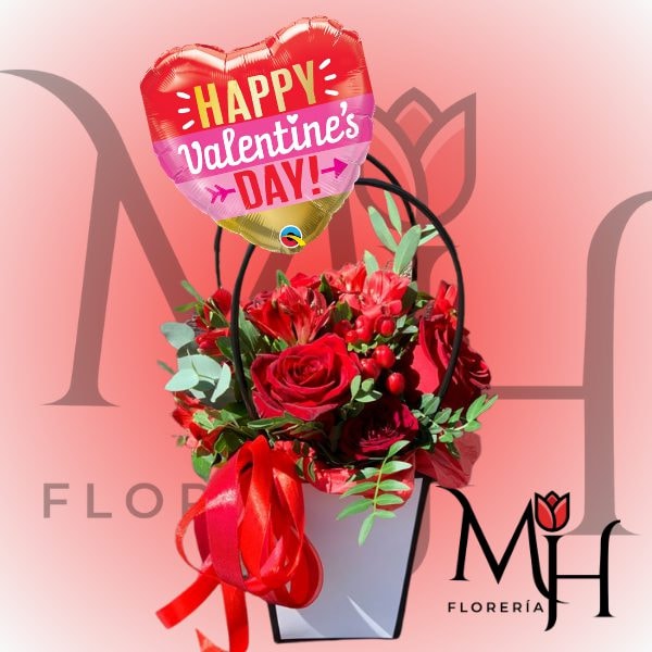 Cartera de 3 rosas, hypericum, follaje, lazo y globito - Imagen 1