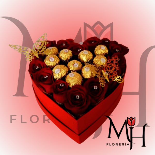Caja corazon con 15 rosas 10 bombones - Imagen 1