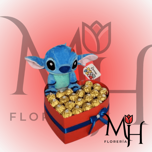 Caja corazon 25 bombones y peluche stitch - Imagen 1