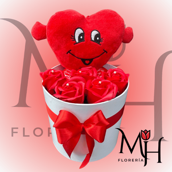 Box de 5 rosas de jabon y peluche corazon - Imagen 1