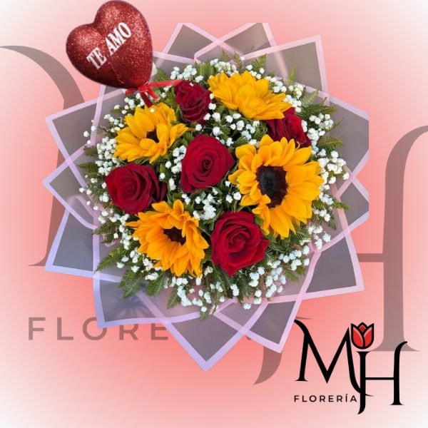 Ramo de 5 rosas 5 girasoles y topper - Imagen 1
