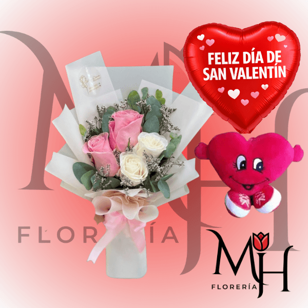 Ramo para regalar en san valentin 4 rosas peluche y globito - Imagen 1