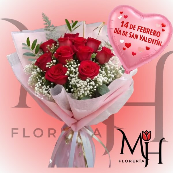Ramo 12 rosas rojas gyosum y globito - Imagen 1