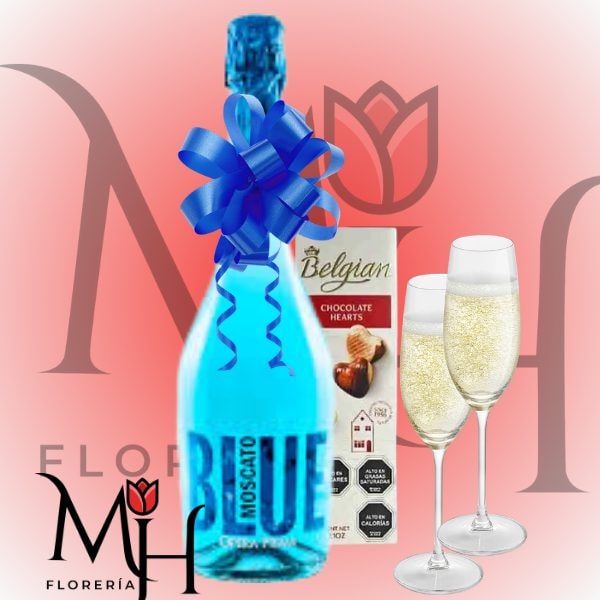 Botella blue 750ml 2 copas 1 bombones belgian - Imagen 1