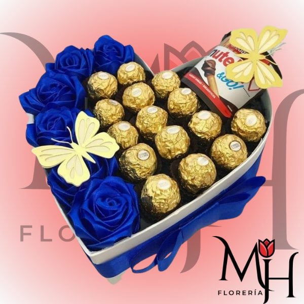 Caja corazon 6 rosas azules 15 bombones nutella y mariposas - Imagen 1