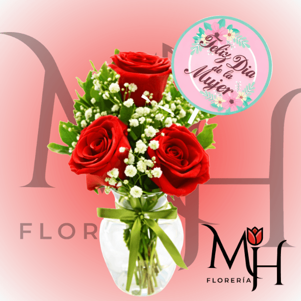 Florero floral de 3 rosas y topper 8 de marzo - Imagen 1