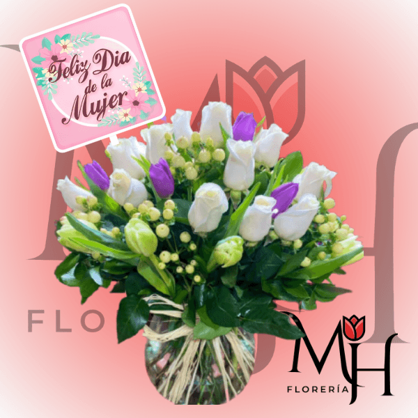 Pecera 15 Rosas 15 Tulipanes Follaje + Topper - Imagen 1