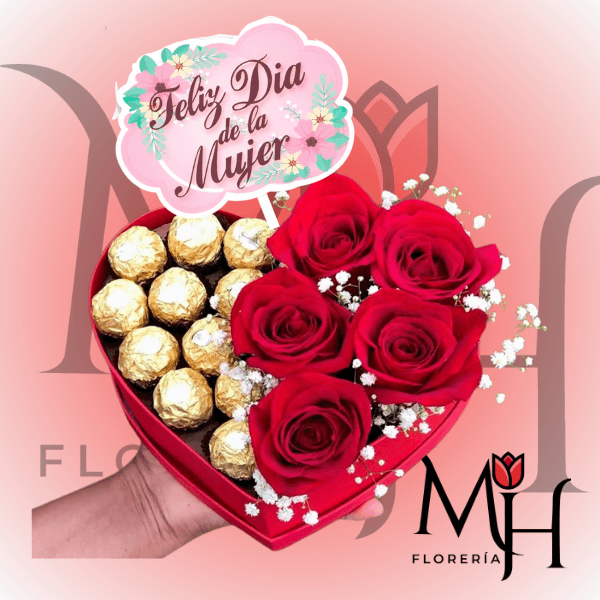 Caja corazon de 5 rosas 11 bombones y topper - Imagen 1