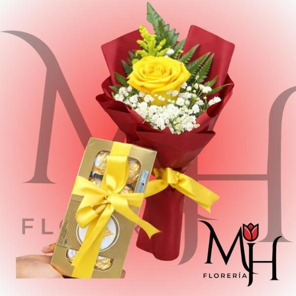 Rosa amarilla arreglada y ferrero rocher 100g - Imagen 1