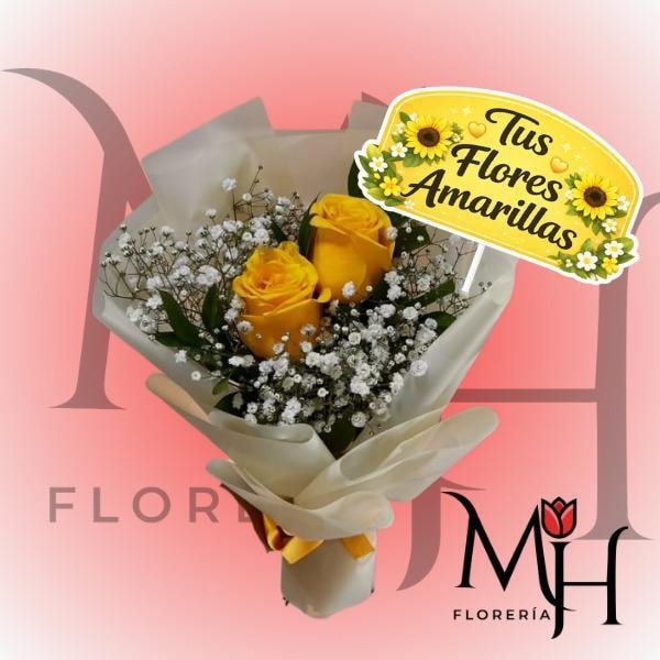 2 rosas amarillas arreglada y topper - Imagen 1