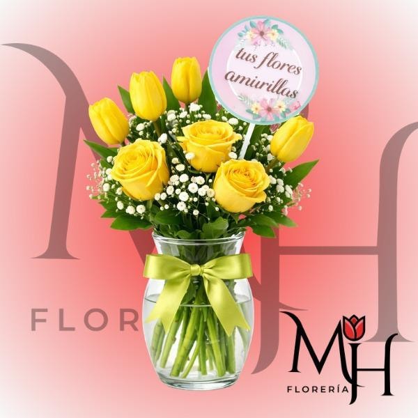 Florero de 4 tulipanes 3 rosas amarillas y topper - Imagen 1