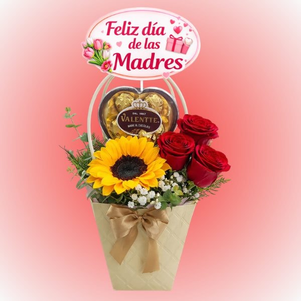 Cartera 1 girasol 3 rosas y bombones de 3und con topper - Imagen 1