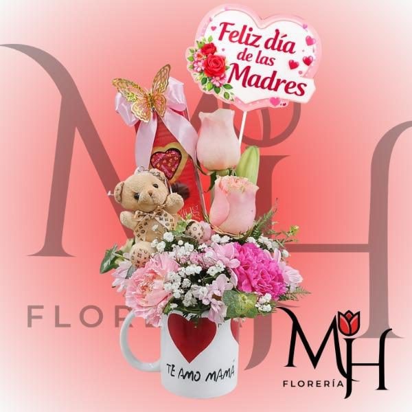 Taza 2 rosas peluche 11cm bombones y topper - Imagen 1