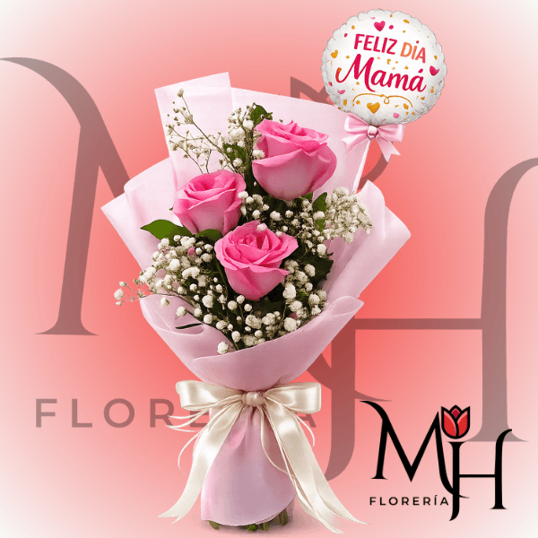 Ramo 3 rosas con follaje y globito feliz dia mama - Imagen 1