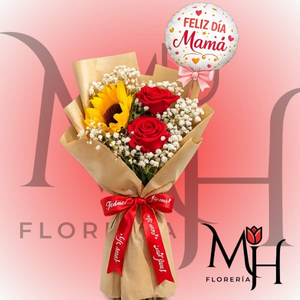 Ramo 1 girasol 1 rosa y globo feliz dia - Imagen 1